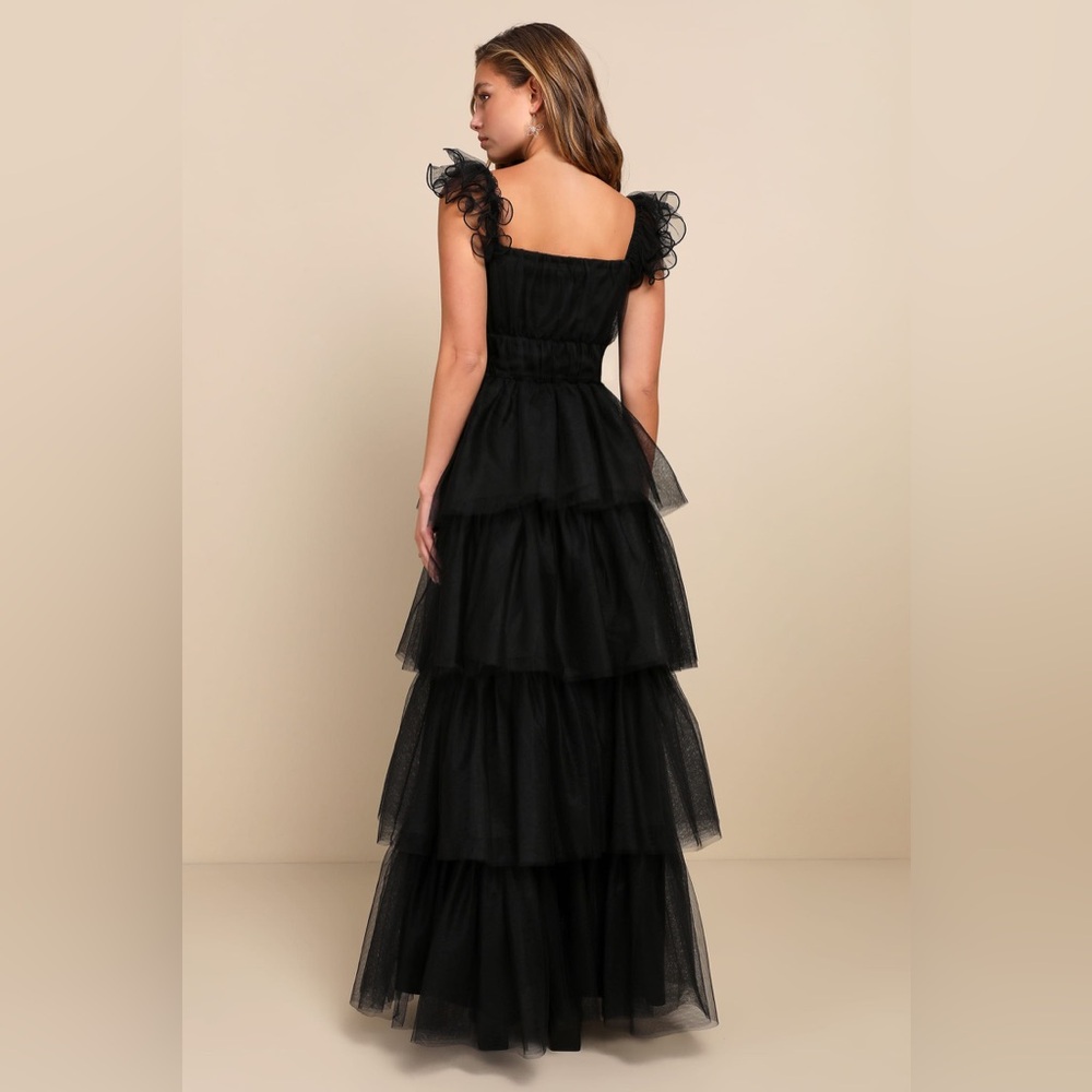 Lulus Tulle For Love Black Mesh Tulle Tiered Ruffled Maxi Dress - Size M - Picture 2 of 4